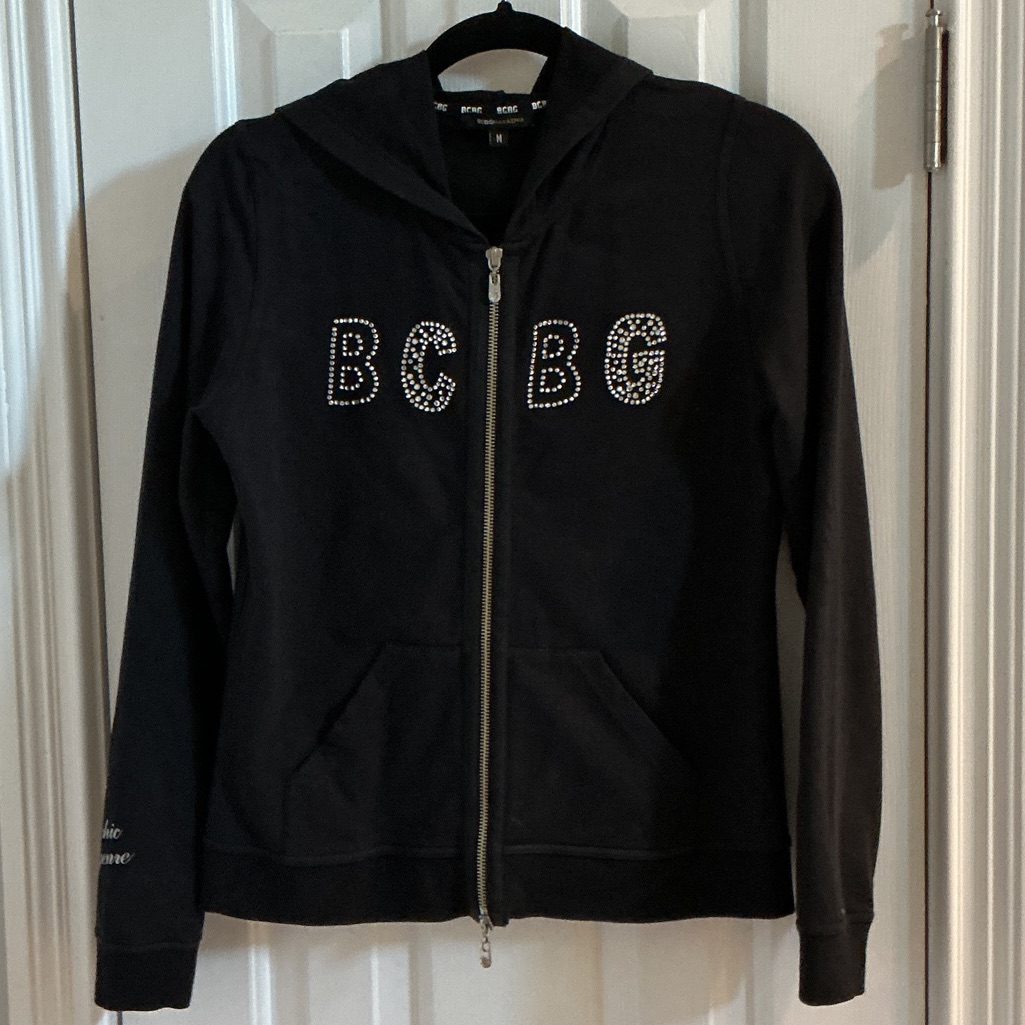Bcbg Maxazria Vintage Black Hooded Jacket W/ Crystal Logo